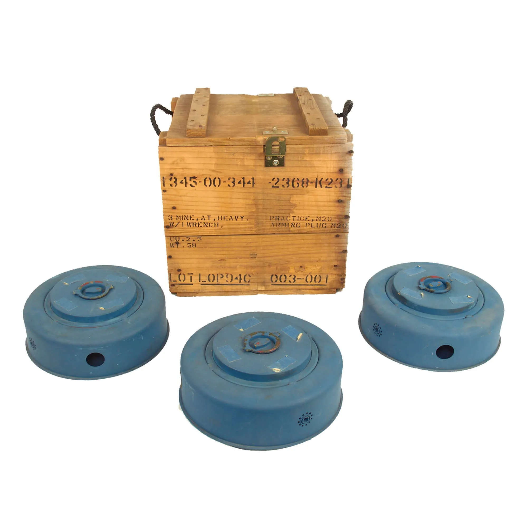 Original U.S. Pre-Vietnam War Inert Mine Anti-Tank Heavy Practice M20 Set of Three with Wood Transit Chest