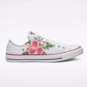 Pink Flower - Custom White Low Tops