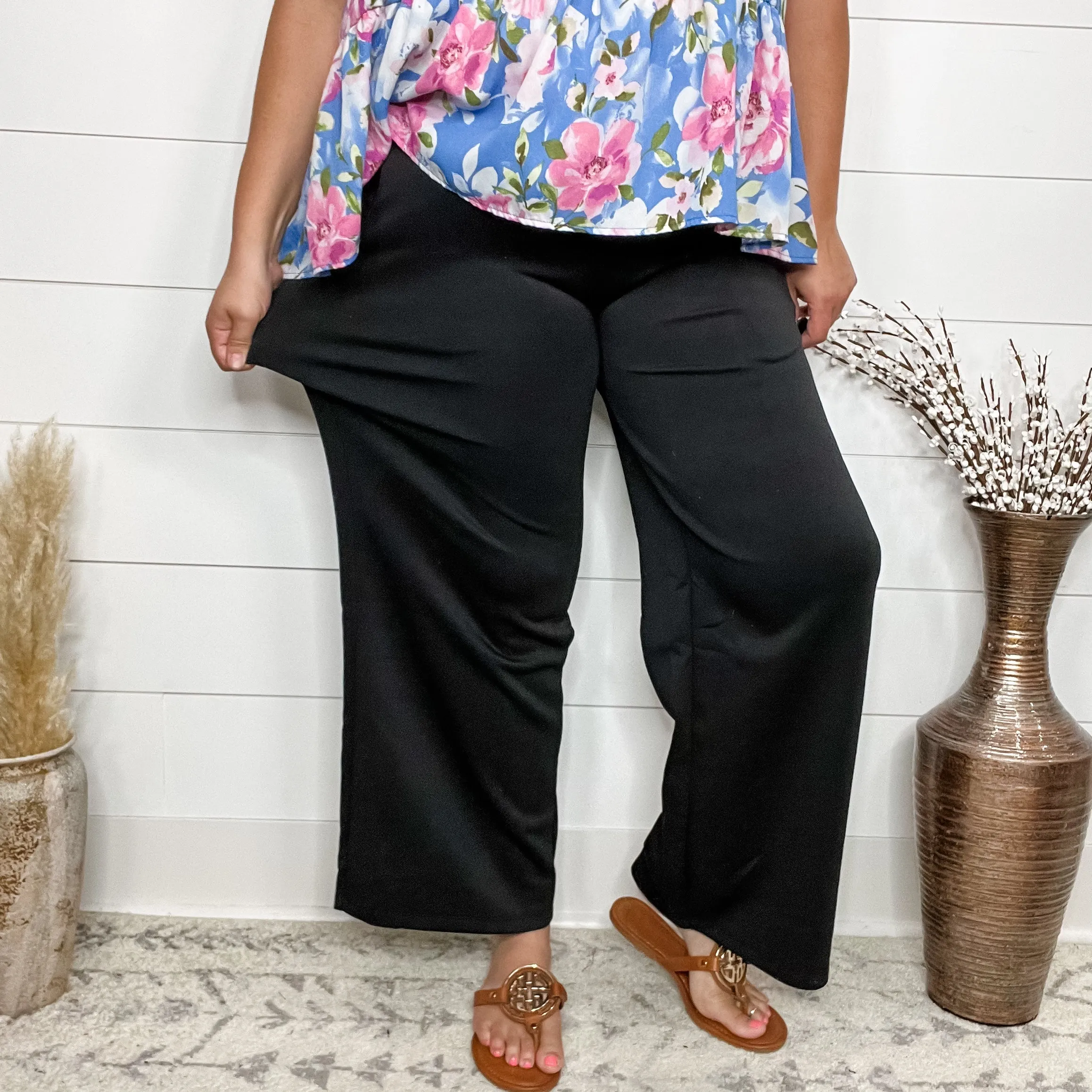 "In Flight" Wide Leg Open Bottom Casual Pants with Pockets (Black)