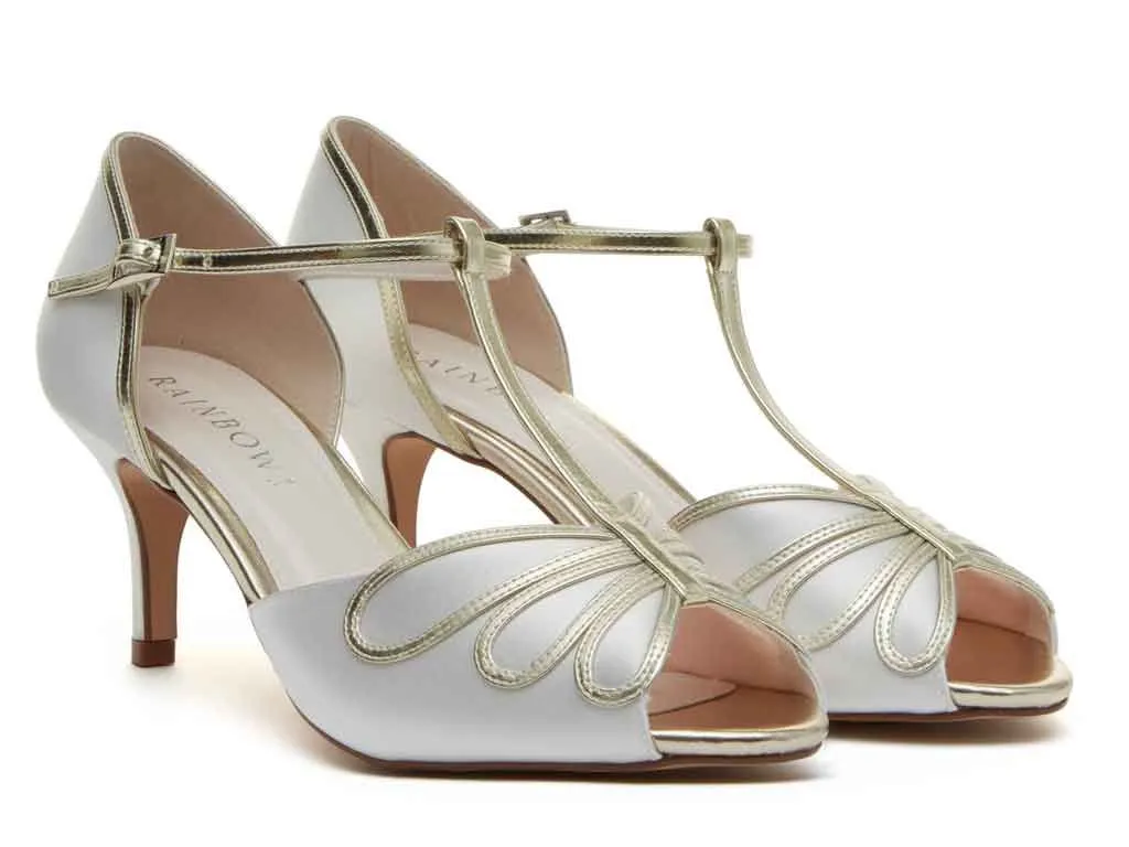 Rainbow Club Harlow Ivory Satin Heels With Gold Detailing