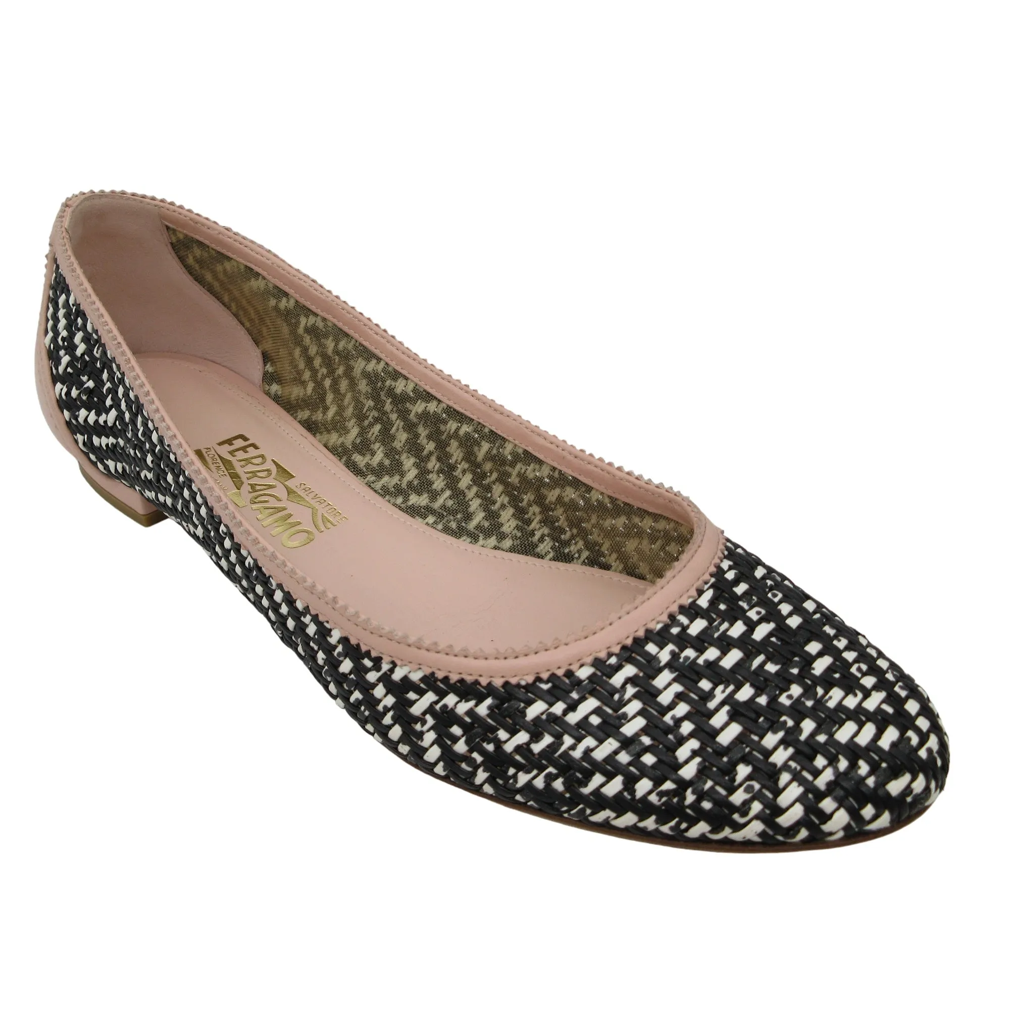 Salvatore Ferragamo Black / White / Blush Pink Woven Leather Ballet Flats