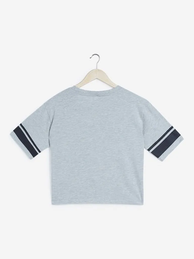 Studiofit Grey Melange Printed Crop T-Shirt