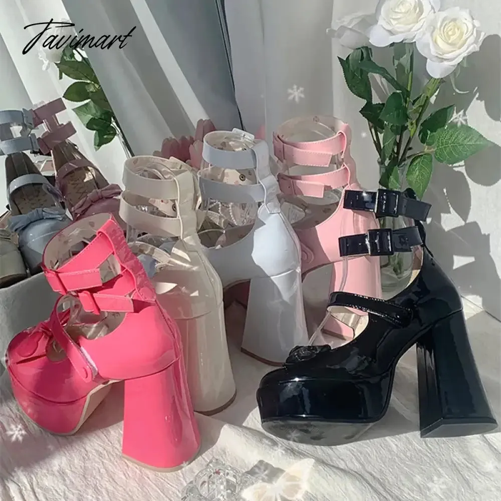 Tavimart New Women Mary Janes High Heels Shoes Chunky Sandals Summer Fashion Retro Bow Lolita Shoes Party Platform Pumps Zapatos