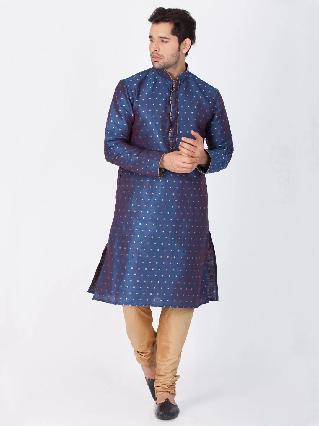 Vastramay Silk Blend Blue and Rose Gold Baap Beta Kurta Pyjama set