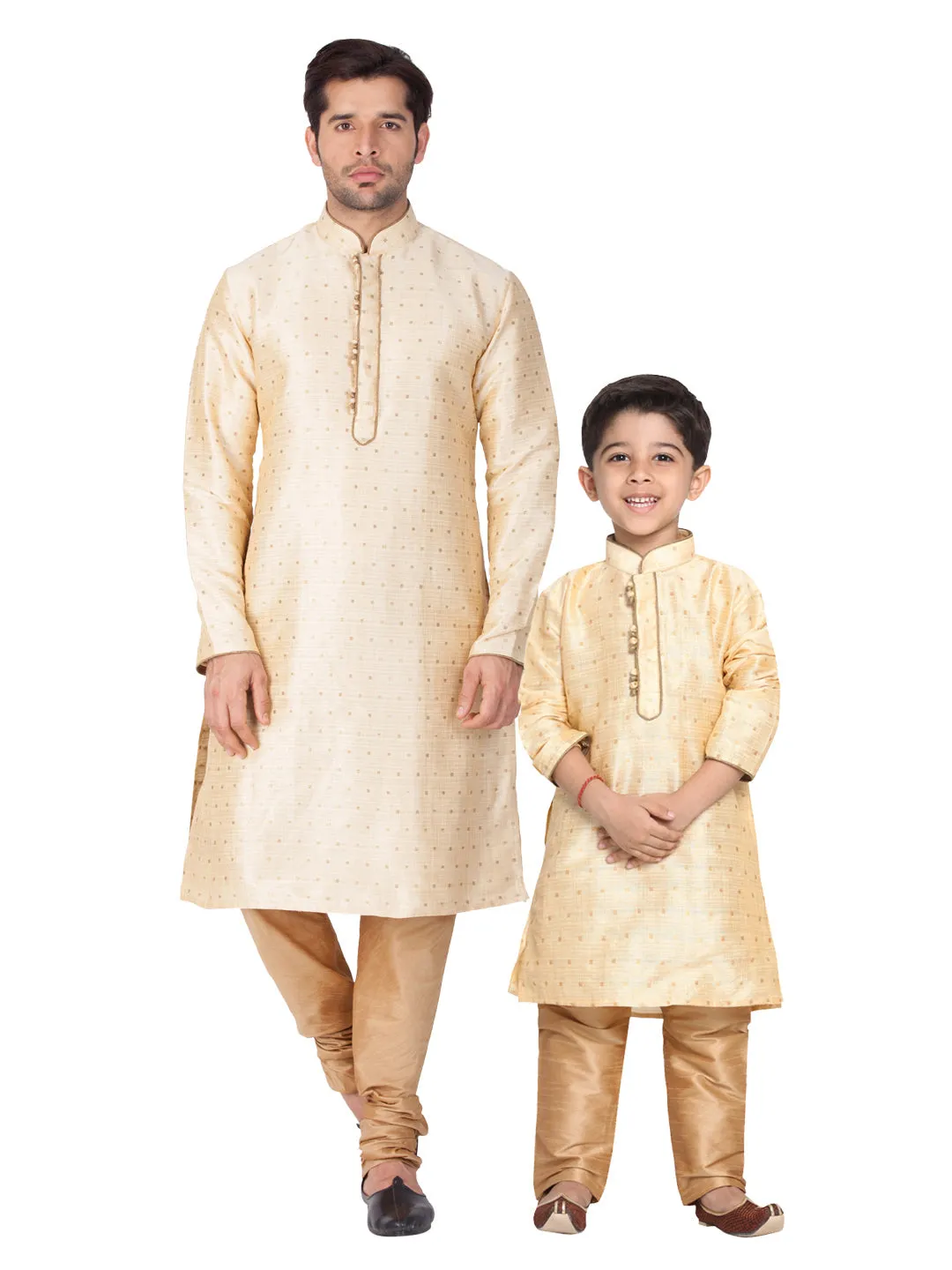 Vastramay Silk Blend Gold and Rose Gold Baap Beta Kurta Pyjama set