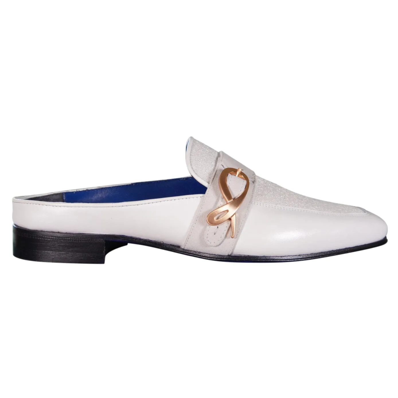 White Diamante With Rose Gold Hardware Leather Slippers