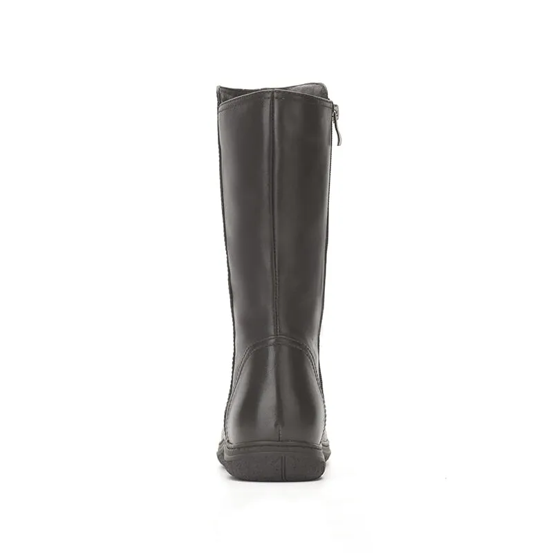 Wide Fit Leather Side Zip Calf Length Boots For Winter Designer Shoes Exquisite Suture Black