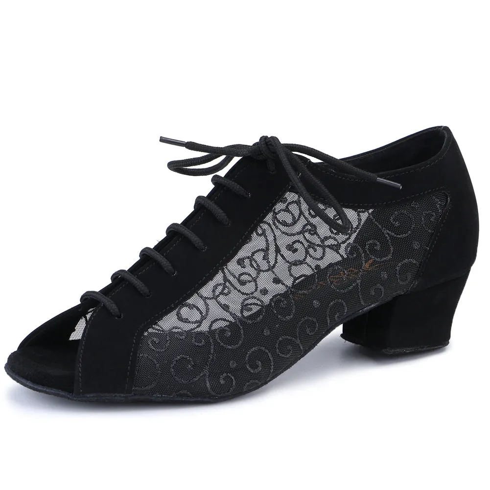 Women Ballroom Dancing Shoes Ladies Tango Latin Practice Dance Shoe Suede Sole Lace-up Open-toe Black