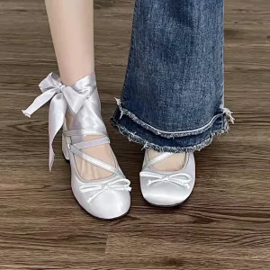 Women Retro Mary Jane Heels, Women Vintage Ballerina Shoes, Women Plain Toe Bow Decor Low Heels, Women Retro Pink Sliver Ballet Shoes